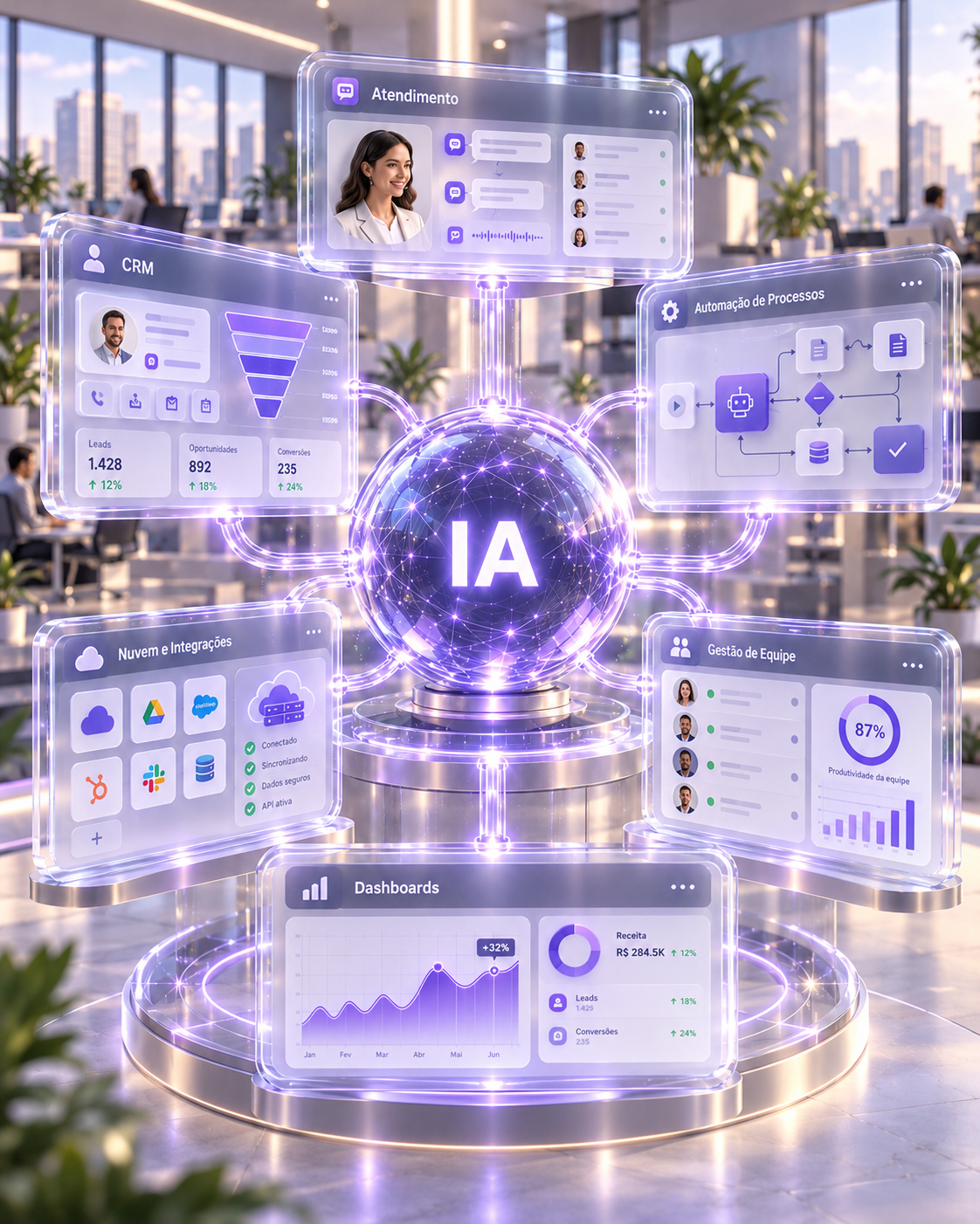 Ilustração de um núcleo central identificado como IA conectado a painéis de atendimento, CRM, automação de processos, nuvem e integrações, gestão de equipe e dashboards.